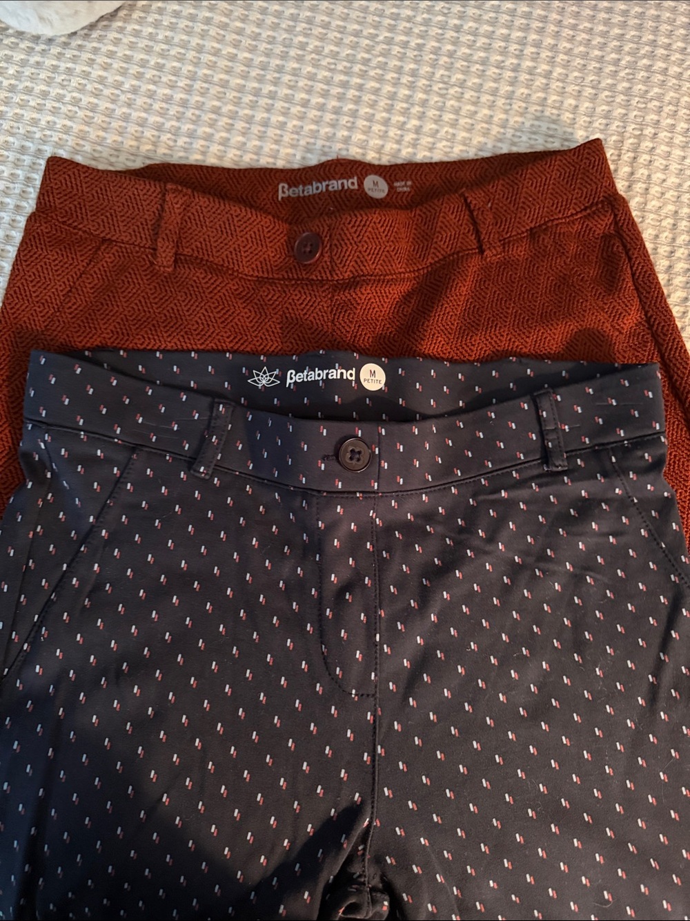 Betabrand Navy Microprint & Rust Chevron Pants Duo in size medium petite.
